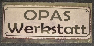 Blechschild "OPAS Werkstatt", 10 x 46 cm, Straßenschild