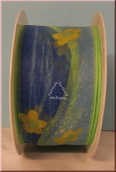 Geschenkband "blau, gelbe Blumen", 40mm x 2 m, Ribbon, Dekoband, Schleifenband