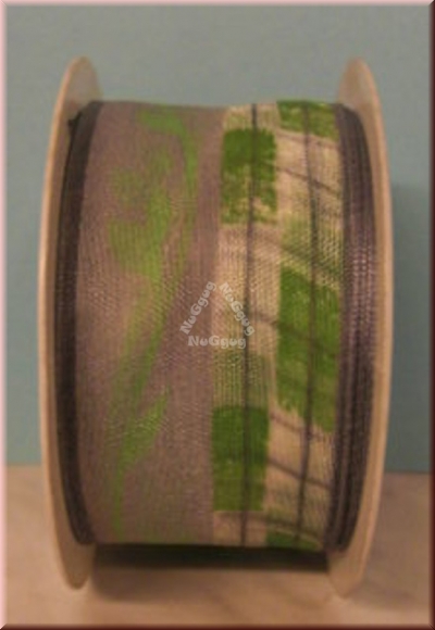 Geschenkband "Muster grau/grün", 40mm x 2 m, Ribbon, Dekoband, Schleifenband