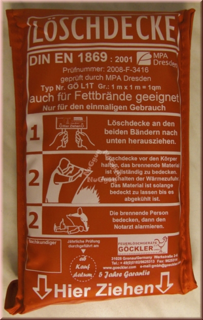 Löschdecke nach DIN EN 1869, 100 x 100 cm, in PVC-Tasche, von Göckler