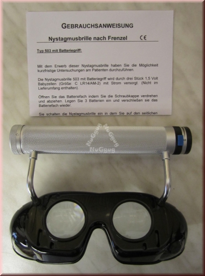 Nystagmusbrille nach Frenzel, Typ 503 mit festen Gläsern und Batteriegriff, von DEHAG