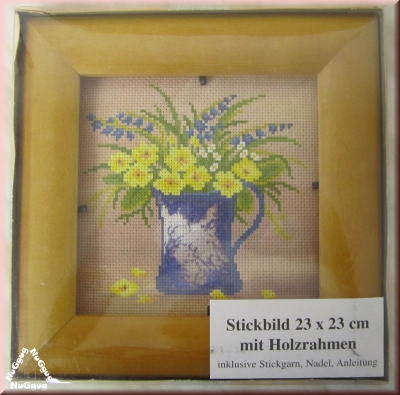 Stickbild "Blumenvase" 23 x 23 cm mit Holzrahmen
