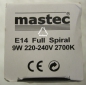 Preview: Energiesparlampe Mastec Full Spiral, 9 Watt, E14, 2700K