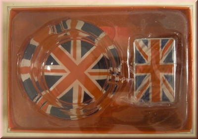 Aschenbecher und Sturmfeuerzeug England Union Jack, Kristallglas, 8,5 x 3,5 cm