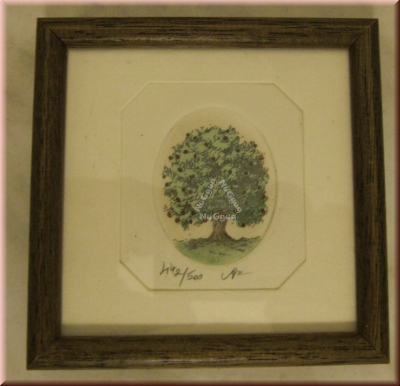 Bild Baum, handkoloriert hinter Passepartout, hinter Glas im 9,5 x 9,5 cm Holzrahmen, limitiert