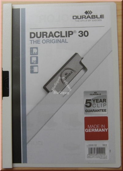 Klemmhefter Duraclip 30, A4 aus Kunststoff, von Durable, weiß, Klemmmappe
