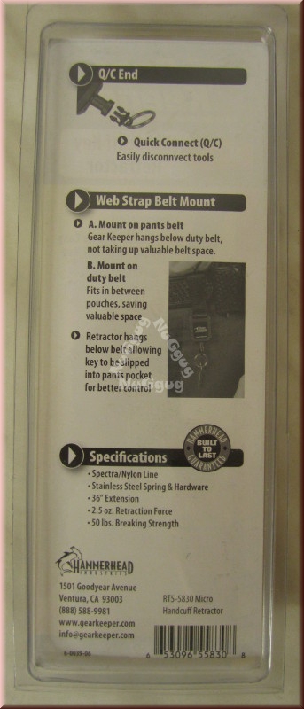 Gear Keeper RT5-5830 Micro Handcuff Key Retractor, automatischer Aufroller Schlüsselanhänger
