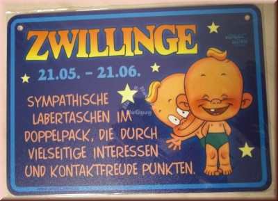 Windel Winni Schild "Zwillinge 21.05. - 21.06....", 10,5 x 15,0 cm