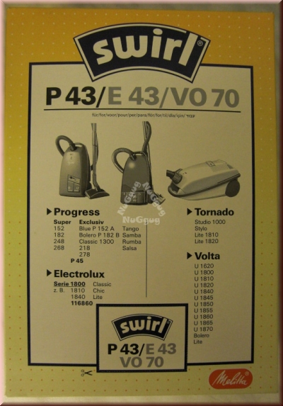 Staubsaugerbeutel Swirl P 43/E 43/VO 70 für Progress, 5 Stück