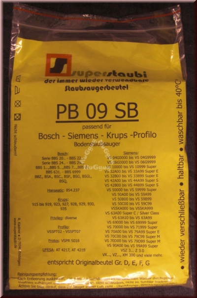 Staubsaugerbeutel Superstaubi PB 09 SB, passend für Bosch, Siemens, Krups, Hanseatic, Privileg uvm.