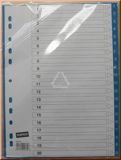 Register für Ordner A4 aus PP, blau, von Stables, 1-20 durchnummeriert, Trennblätter