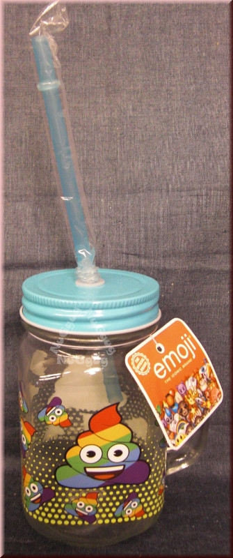 Emoji Trinkglas mit Henkel, Strohhalm und Schraubverschluß, 450ml, Schraubglas