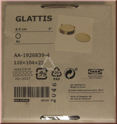 Untersetzer "GLATTIS" mit Halter, Glas, messingfarben, Durchmesser 8,5 cm, von Ikea