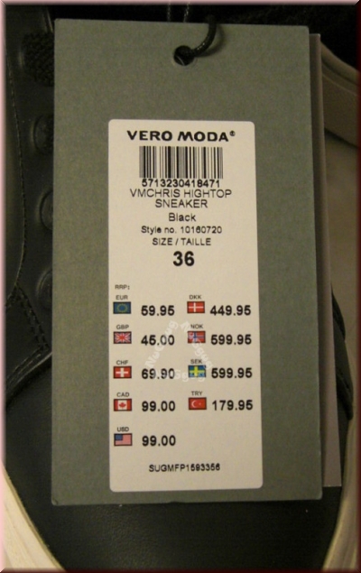 Vero Moda Hi Top Trainer, unisex Sneaker, Größe 36, schwarz