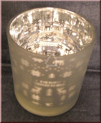 Teelichthalter "Merry Christmas" aus mattiertem Glas, innen silber, 8 x 7 cm, Windlicht