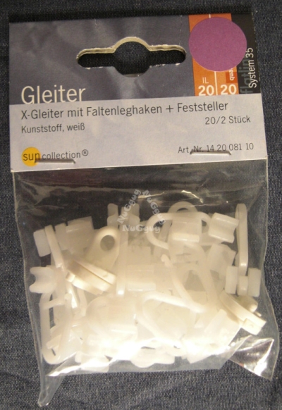 X-Gleiter mit Faltleghaken + Feststeller, Gardinenröllchen, Rollringe, Gardinenhaken, weiss, 20 Stück