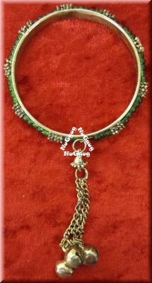 Armreif orientalisch, chromfarben mit grünen Kunststoff-Perlen und Glöckchen, Bauchtanz
