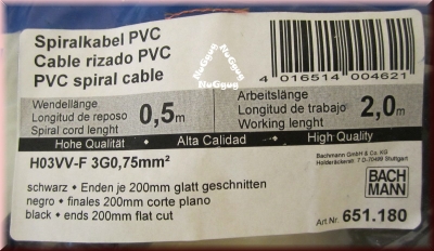Spiralkabel PVC, schwarz, Wendellänge 0,5 Meter, Arbeitslänge 2 Meter, von Bachmann