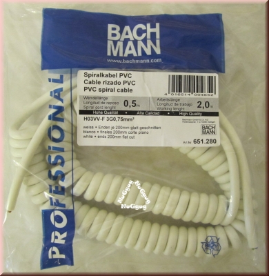 Spiralkabel PVC, weiß, Wendellänge 0,5 Meter, Arbeitslänge 2 Meter, von Bachmann