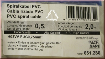 Spiralkabel PVC, weiß, Wendellänge 0,5 Meter, Arbeitslänge 2 Meter, von Bachmann