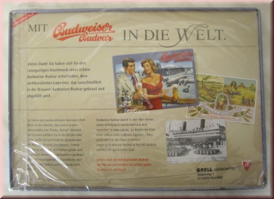 3D Blechschild "Budweiser Budvar", Pärchen am Flughafen von Prag, 30 x 21 cm