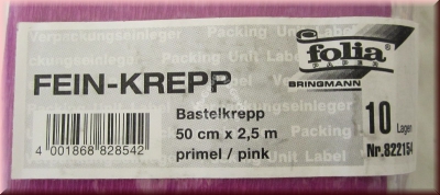 Bastelkrepp pink, 2,5m x 50cm, 10 Lagen, Fein-Krepp, Krepp-Papier, von folia