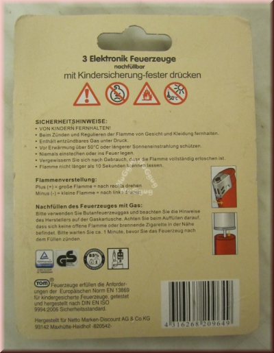 Feuerzeug Netto, 3er Set Elektronik Feuerzeuge nachfüllbar