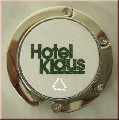 Taschenhalter für den Tisch mit Werbelogo "Hotel Klaus"