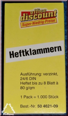 Heftklammern verzinkt 24/6. 1000 Stück von Office Discount. Artikelnummer 504621-09