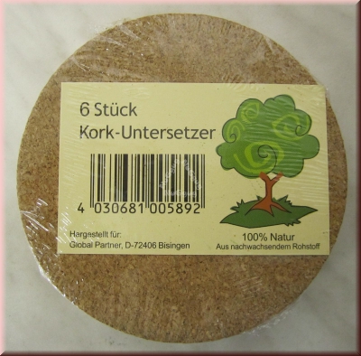 Untersetzer Kork, 6 Stück, Durchmesser 9,5 cm