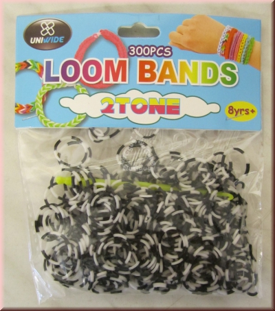 Loom Bänder schwarz/weiß, 300 Stück, Loom Bands, mit Knüpfhaken und Verschlüsse