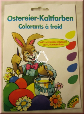 Ostereier Kaltfarben, gelb, rot, violett, blau und grün, mit 16 Selbstklebebildern