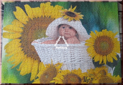 Puzzle Baby Körbchen & Sonnenblumen, Laura Florini, 68 x 48 cm, vom Bookmark Verlag, 1000 Teile