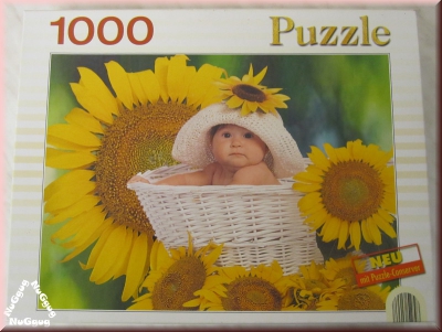 Puzzle Baby Körbchen & Sonnenblumen, Laura Florini, 68 x 48 cm, vom Bookmark Verlag, 1000 Teile