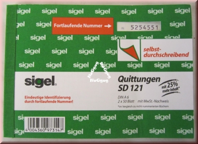 Quittungsblock SD 121 von Sigel, 2 x 50 Blatt mit MwSt.-Nachweis