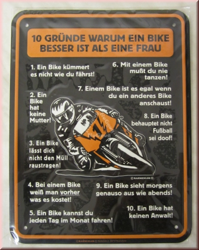 Blechschild "10 Gründe warum ein Bike besser ist als eine Frau"