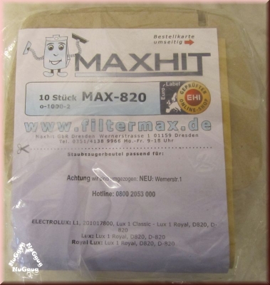 Staubsaugerbeutel für Elektrolux, Maxhit MAX-820, 10 Stück