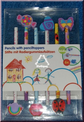 Bleistifte mit Radiergummiaufsätzen. 6 Stück