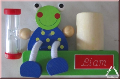 Zahnputzuhr Frosch aus Holz, mit Namensschild "Liam"