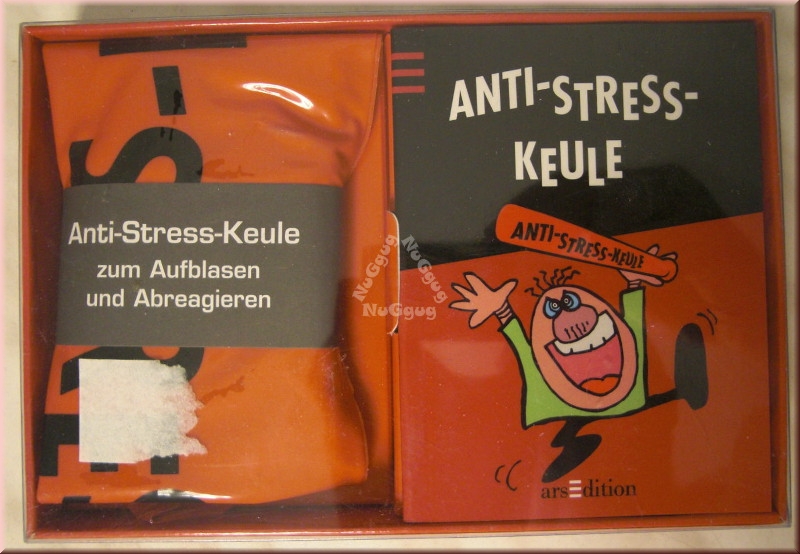 Anti Stress Keule, Box mit Buch und aufblasbarer Anti-Stress-Keule