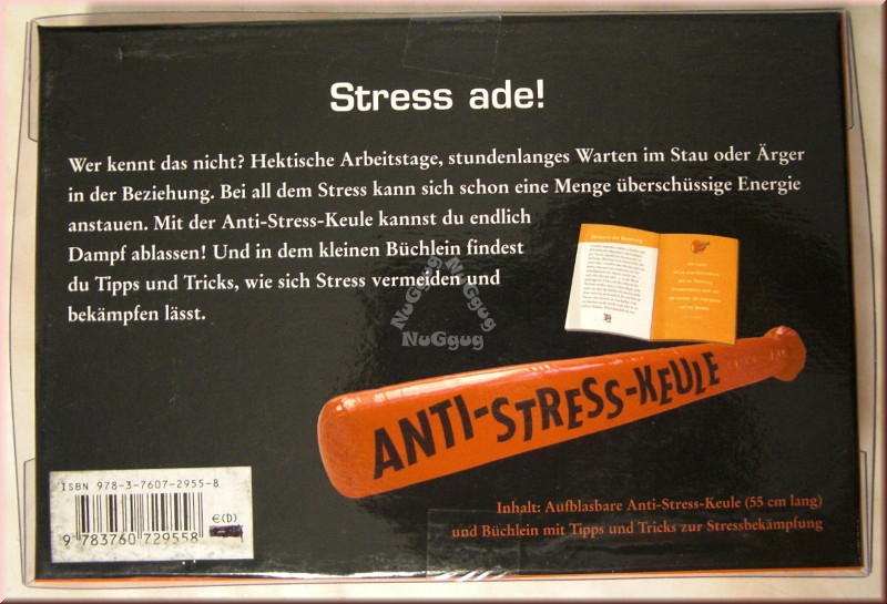 Anti Stress Keule, Box mit Buch und aufblasbarer Anti-Stress-Keule