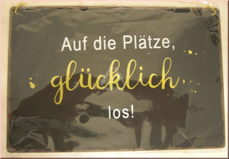 Blechschild "Auf die Plätze, glücklich, los!", 21 x 14 cm