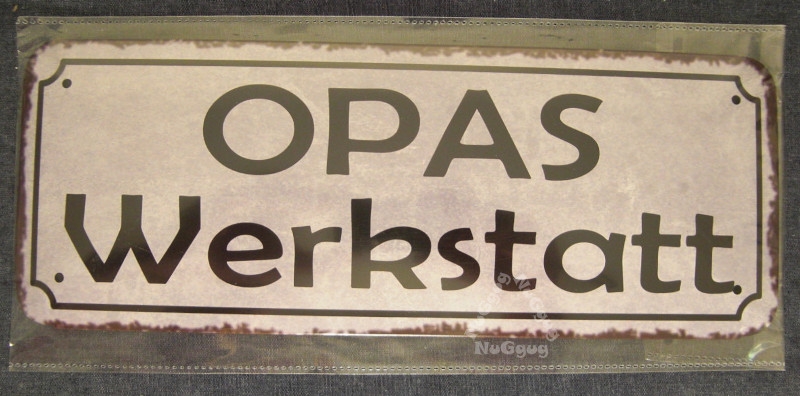 Blechschild "OPAS Werkstatt", 10 x 46 cm, Straßenschild