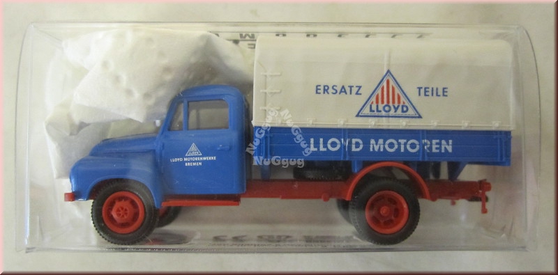 Borgward B 1500 Pritschen LKW " Ersatz Teile Lloyd Motoren", blau, Maßstab 1:87, von Brekina