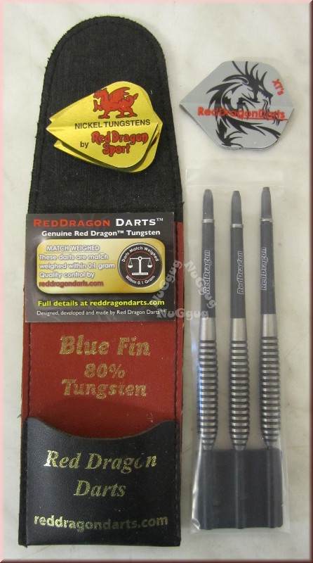 Red Dragon Steeldarts Blue Fin, 80% Tungsten, 3er Set mit Hülle und 6 Flights