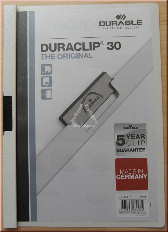 Klemmhefter Duraclip 30, A4 aus Kunststoff, von Durable, weiß, Klemmmappe