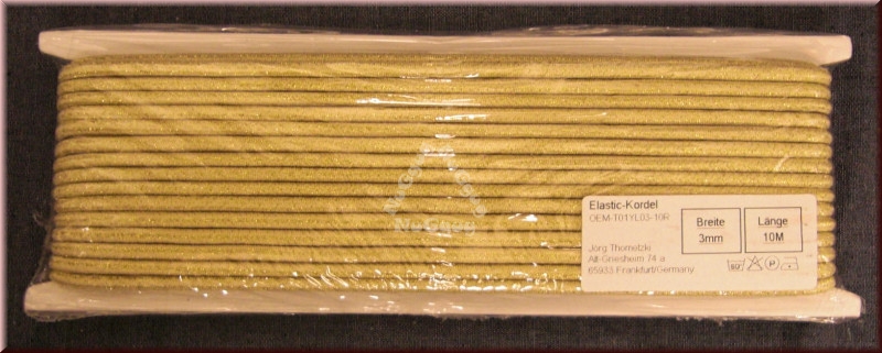 Elastic Kordel goldfarben, 3 mm, 10 m, Rundgummi, Hutgummi