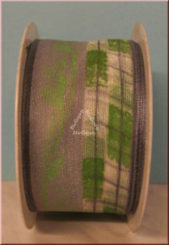 Geschenkband "Muster grau/grün", 40mm x 2 m, Ribbon, Dekoband, Schleifenband