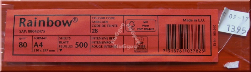 Kopierpapier A4 Rainbow Coloured Paper, intensiv rot, 80 g/m², 500 Blatt, Druckerpapier