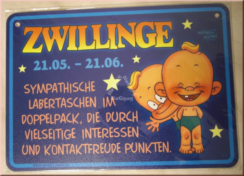 Windel Winni Schild "Zwillinge 21.05. - 21.06....", 10,5 x 15,0 cm